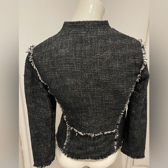 New Ann Taylor Black Tweed Fringe Asymmetrical Zip Moto Jacket Blazer - Picture 7 of 9